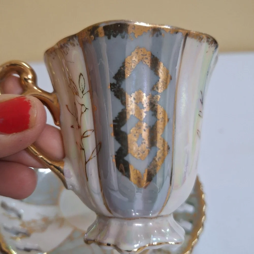Vintage 1950 Lusterware Demitasse Cup Saucer Gold Trim Reticulated‎ Japan